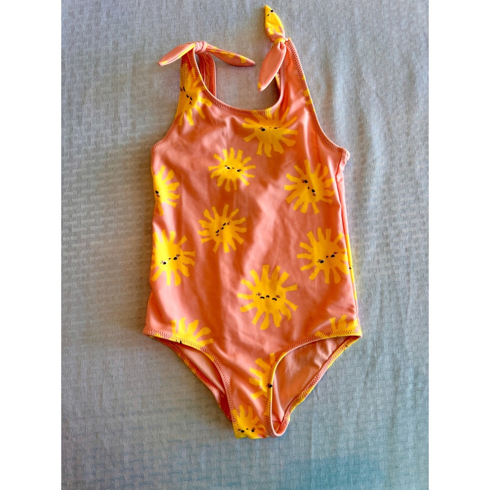 H&M Girls Sun Print Swimsuit Peach Yellow Tie Shoulder One Piece Size 5T 6